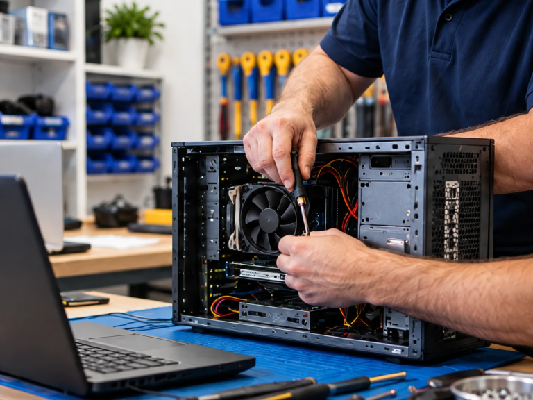 Technician repairing an open desktop computer on a workbench