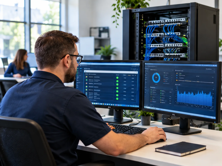 IT technician monitoring business computers beside a network equipment rack