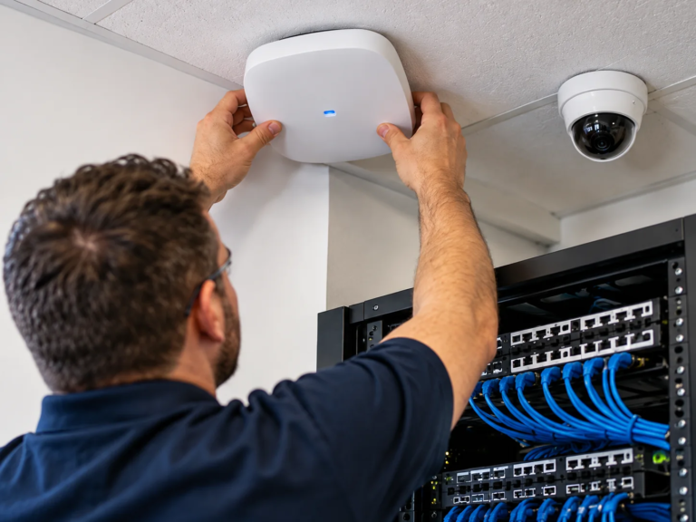 Technician installing a Wi-Fi access point beside a network rack and security camera