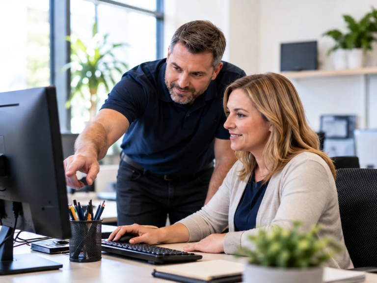 IT technician helping a customer at an office desktop computer