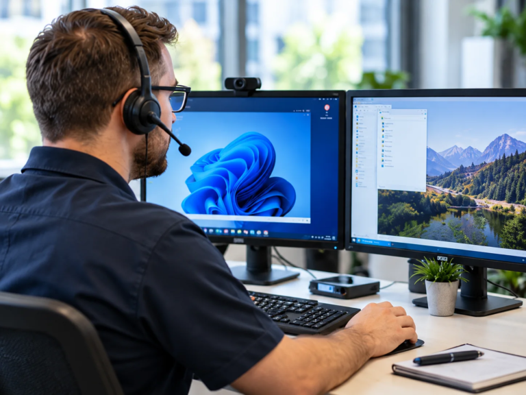 Support technician wearing a headset and working with two computer monitors