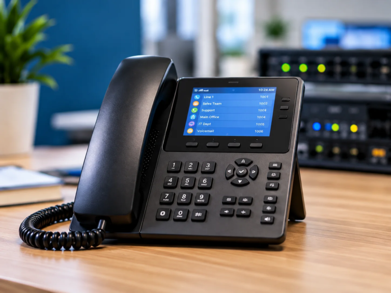 Business VoIP desk phone with network equipment in the background